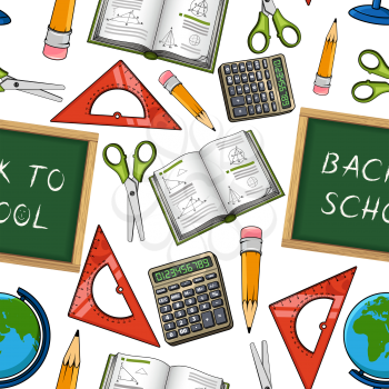 Back to School pattern of seamless vector school supplies and classes stationery. Blackboard, scissors and ruler or math calculator, geography globe and physics or chemistry book and notepad with pen