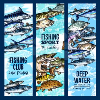 Fishing club banners set for fisher sport or trip. Vector design of big fish catch salmon, tuna or marlin and carp or mackerel with fisherman tackle of fishing rod, flounder or trout and crucian