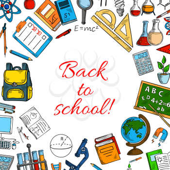 Back to School poster. Vector design of classes supplies and education books and stationery for astronomy, mathematics or chemistry and geometry or physics, biology school lessons in autumn season