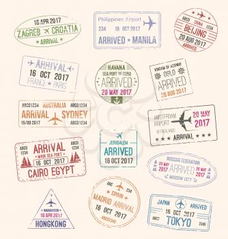 Passport stamp and travel visa sign set of arriving to France, Spain, Japan, China, Russia, Norway, Australia, Egypt, Netherlands and Croatia. Tourism, passport control and immigration themes design