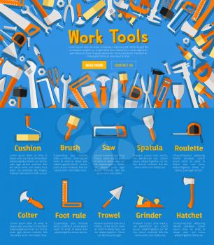 Work tools company landing page. Hammer, screwdriver, wrench, paint brush and roller, spanner, saw, trowel, axe and tape measure, spatula, rule, knife, jack plane for hardware store web banner design