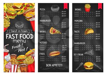 Fast food restaurant chalkboard menu template. Fast food dishes list with price and hamburger, french fries, soda, pizza, hot dog, coffee, taco, ice cream and popcorn chalk sketches on blackboard