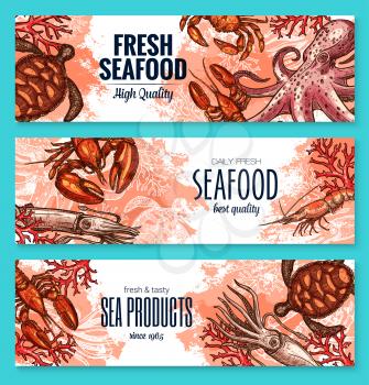 Seafood fresh product banner set. Crab, shrimp, lobster, octopus, squid, prawn and sea turtle marine animal sketches for fish market label and seafood restaurant menu flyer design