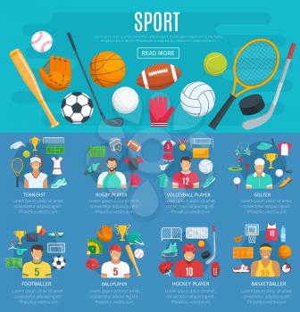 Sport poster template with sporting equipment. Ball for football or soccer, basketball, volleyball, baseball, rugby, golf and tennis, hockey puck, champion trophy and sport game players in uniform