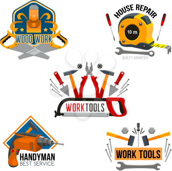 Work tool for house repair isolated symbol set. Hammer, screwdriver, spanner, drill, pliers, saw, tape measure, wrench, trowel, jack plane and nails for handyman and carpentry service design