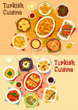 Turkish cuisine dinner icon set. Baked meat and fish with tomato and fruit sauce, vegetable stew and salad, cabbage roll, stuffed eggplant with meat and veggies, nut baklava, date cake, fig cookie