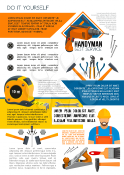 Handyman service poster of man in helmet with work tool. Home repair banner with hammer, wrench, screwdriver, drill, spanner, paint brush, pliers and tape measure for construction themes design