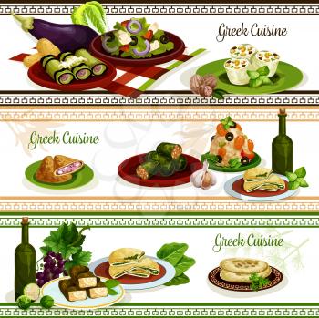 Greek cuisine national dishes banner set. Vegetable salad with cheese and olive, meat pie and dolma, seafood rice, pita bread and spinach pie with feta and eggplant pie, served with herbs and wine