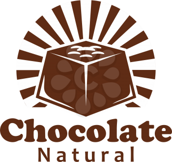 Chocolate bar or cocoa candy label. Natural chocolate, sweet dessert food with nuts isolated symbol for chocolate and candy shop emblem, confectionery packaging label design