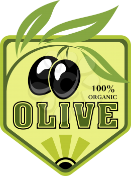 Olive icon with branch of black olives. Olive tree with green leaf and fresh fruit for natural organic food symbol or extra virgin oil bottle label, mediterranean cuisine themes design