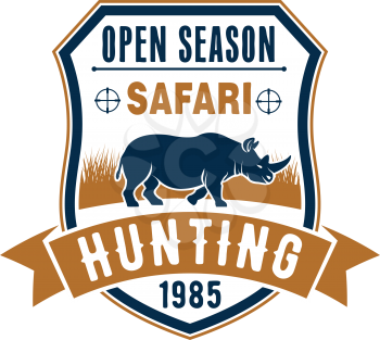 Safari hunting heraldic badge with african animal. Running rhino isolated shield, decorated with gun target and ribbon banner for hunter club insignia, hunting sport symbol and open season design