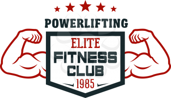 Fitness sport club isolated icon. Powerlifting sportsman or bodybuilder double bicep badge, decorated with stars for gym emblem, sporting themes design