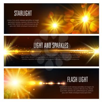 Light flash sparkles and starlight shine banners set. Vector set of sparkling sun beams with lens flare effect and spotlight rays of glittering sunlight with golden shiny bokeh blur