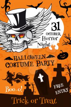 Halloween costume party poster template. Holiday night cemetery banner with pumpkin lantern, bat and witch, spooky skeleton skull with top hat and angel wings for Halloween holiday celebration design