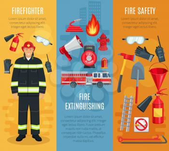 Fire extinguishing or firefighting and fire safety banners set. Vector design of firefighter tools engine truck, extinguisher or alarm and ladder or spade, hydrant hose and hammer with water bucket