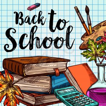 Back to School poster of education stationery on checkered page pattern background. Vector sketch school book and mathematics calculator or eraser in autumn maple leaf, paint brush in chemistry vial