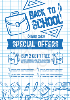 Back to School special offer poster or seasonal sale web banner. School stationery and education supplies on vector copybook checkered ink patern background for august or september sale shopping