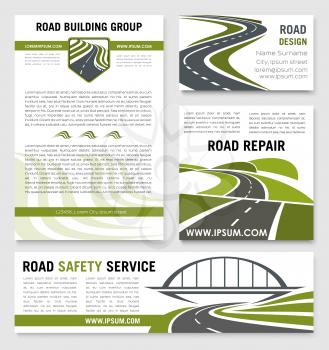 Road safety construction company posters and banners templates set. Vector design for highway and tunnel and bridge building and repair technology for motorway or transportation service