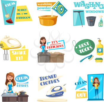 Housework washing, cleaning and laundry flat icons set. Vector housewife woman mopping, wash and clean windows and kitchen dishes tableware with detergent, iron linen clothes and cooking food