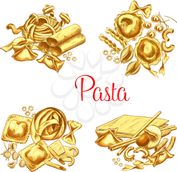 Pasta vector icons set of ravioli, lasagna or tagliatelle and spaghetti, durum hand crafted farfalle noodles, pappardelle macaroni or funghetto and penne with fettuccine pasta for Italian restaurant