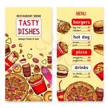 Fast food menu banners set with prices for fastfood dishes of burgers, pizza or sandwiches and drinks. Vector template of hot dog, french fries snack or chicken nuggets, popcorn and ice cream dessert