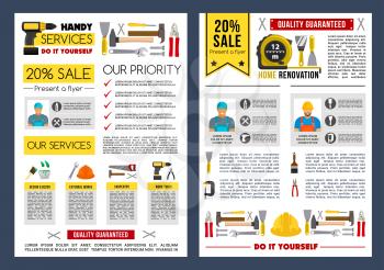 Home repair and construction service vector poster or brochure template of carpentry and renovation work tools hammer, paint brush or handyman screwdriver and spanner, house finishing plasterer trowel