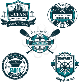 Marine travel and sailor or seafarer sailing heraldic vector icons set of ship anchor, helm or crossed vessel paddles, captain hat and life buoy on ocean or sea waves with ribbons and seagulls