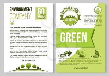Environment company and ecology poster or brochure template. Vector design of green trees forest, gardens or parklands squares and eco woodlands for planting or horticulture gardening
