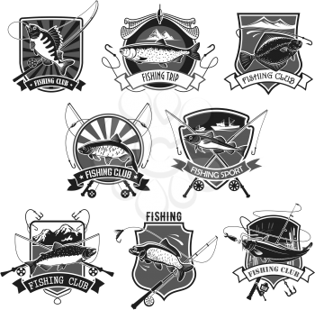 Fishing club or fisherman sport icons set of big tuna fish catch, salmon or trout and fishing rod tackle bait or lure, fishery net and flounder or pike on hook. Vector isolated badges for fisher trip