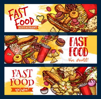 Fast food burgers, pizza and desserts banners for fastfood restaurant menu. Vector set of hot dog sandwich, hamburger or french fries and cheeseburger combo with coffee or soda drink and donuts