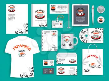 Japanese sushi corporate identity templates vector set of branding promo supplies icons of stationery, t-shirt apparel, business cards, flags or mugs and blanks in sushi rolls, sashimi and rice design