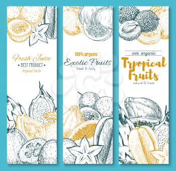 Exotic tropical fruits sketch banners set for juice. Vector organic rambutan, papaya or mango and orange pomelo, mangosteen or durian and feijoa, natural dragon fruit, maracuya passion fruit and guava