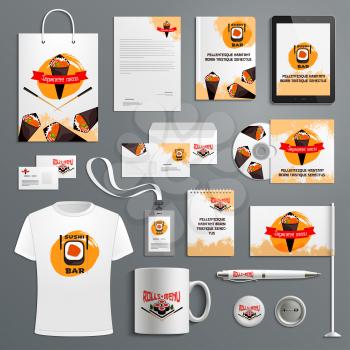 Japanese sushi bar corporate identity templates vector set of branding promo supplies icons of stationery, flags or mugs, t-shirt apparel, business cards and blanks in sushi rolls, chopsticks and rice