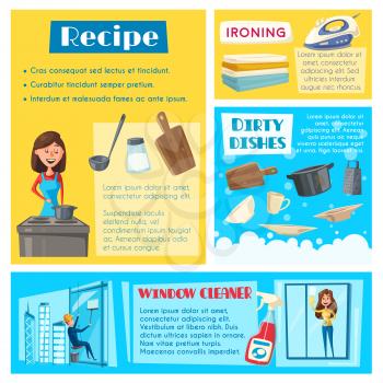 Housework washing, room cleaning and dish cooking poster or banners templates set. Vector flat housewife woman wash dishware or cook in kitchen, ironing linen or clean windows with man cleaner worker