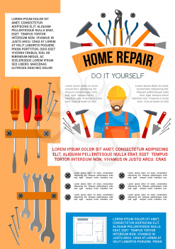Home repair work tools and do it yourself toolbox poster for house construction or renovation. Vector handyman or carpenter grinder plane, building hammer, drill or ruler and screwdriver and spanner