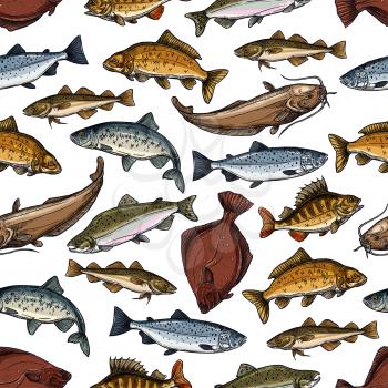 Fish seamless pattern of sea or ocean fishes. Vector tile of marlin, flounder or salmon and trout, pike or perch and pikeperch, tuna or bream and herring sprat, Fisherman catch carp, eel or navaga