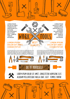 Work tools poster for or do it yourself or handy man carpentry, construction or building. Vector toolbox of plaster trowel, paint brush or hammer and drill, wrench and screwdriver or woodwork grinder