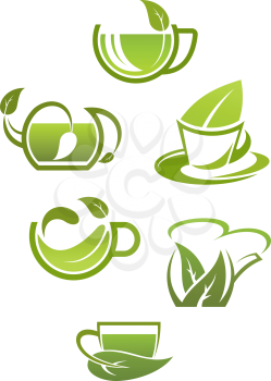 Herbal tea cups with green leaves isolated on white background for drink design