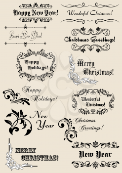 Winter holidays calligraphic elements with scripts and decorations for Christmas or New Year design