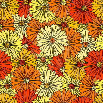 Camomiles seamless background with red, orange and yellow flowers