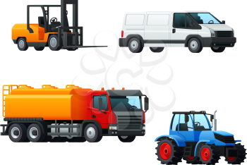 Transportation 3d icon set of road transport. Car or delivery van, tank truck, tractor and forklift truck symbol. Heavy motor vehicle for cargo transportation, delivery service and agriculture design