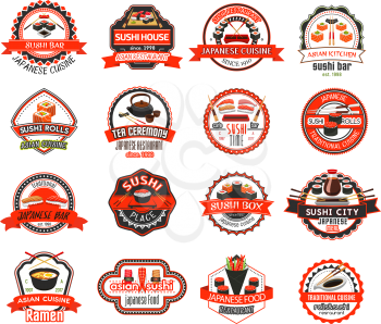 Japanese sushi badge of asian cuisine restaurant. Seafood sushi, salmon fish, shrimp and tuna roll, noodle soup ramen and sashimi with soy sauce and chopsticks for japanese restaurant emblem design