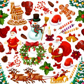 Christmas holidays decorations seamless pattern. Vector background of Santa gifts on reindeer sleigh or New Year season symbols of Christmas tree ornaments, snowman and gnome or gingerbread cookie
