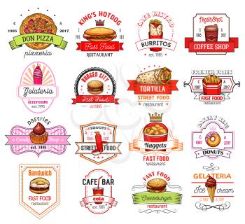 Fast food restaurant and cafe badge. Hamburger, hot dog and tortilla roll sandwich, pizza, donut and coffee, french fries, soda and ice cream, mexican burrito and chicken nuggets sketch label design