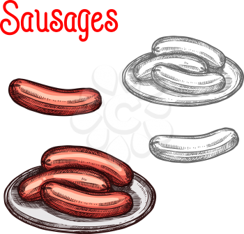 Meat sausage on plate isolated sketch. Raw beef sausage or smoked pork frankfurter for butcher shop or meat store label, barbeque snack and food packaging design