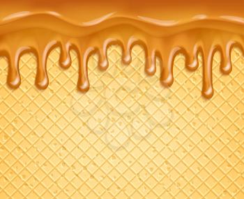 Caramel cream flowing over waffle background. Melted milk caramel or honey syrup sweet drops dripping over wafer pattern for dessert food packaging, pastry shop and confectionery cake menu design