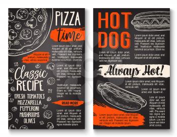 Fast food pizza and hot dog sandwich chalkboard poster. Italian pizza topping and hot dog ingredient menu template with tomato, olive and cheese, sausage, mushroom and sauce chalk sketch on blackboard