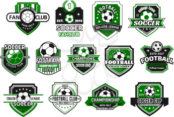 Soccer sport club and football team shield badge set. Soccer ball on heraldic shield, decorated with champion wreath, ribbon banner and star for football championship and soccer fan club design