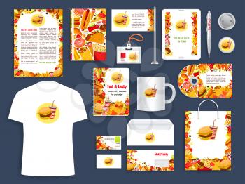 Fast food restaurant corporate identity template with fatfood dishes. Business card, letterhead and envelope layout, branded folder and brochure cover with hamburger, soda and pizza, hot dog and donut