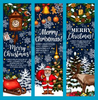 Merry Christmas sketch greeting card or banners design for happy winter holidays. Vector Santa with gift bag on sleigh, snowman at Christmas tree and Xmas decoration garland or New Year holly wreath